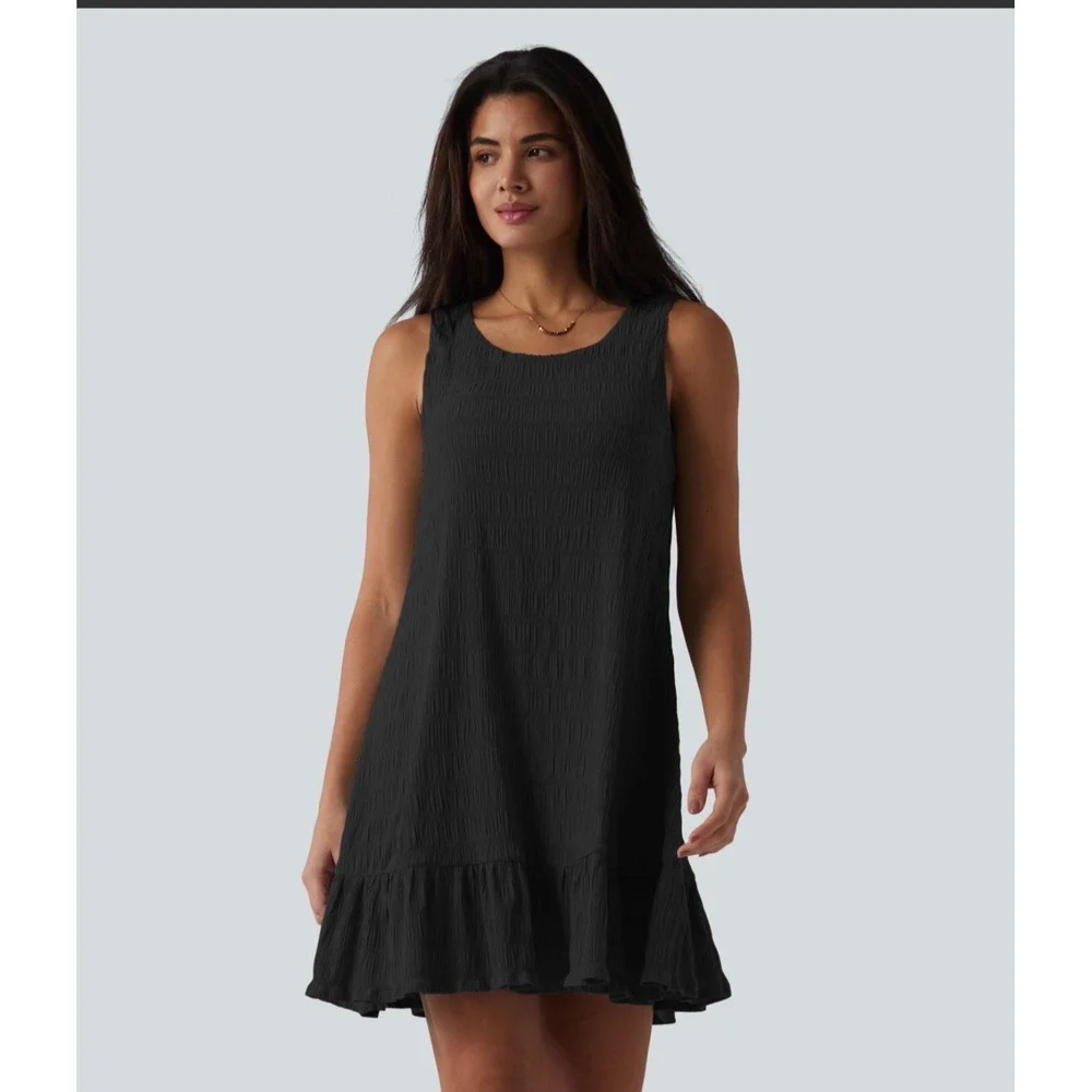 Halara Black Crinkle Textured Ruffle Hem Sleeveless Mini Shift Dress Large New - Picture 3 of 12